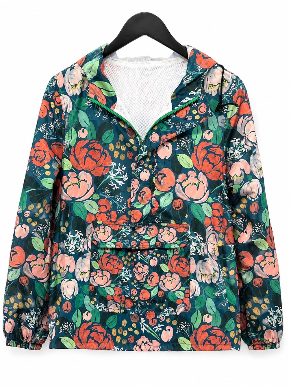Floral Hooded Pullover Windbreaker Jacket Women’s Size Small Green Pink Half Zip